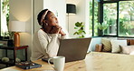 Thinking, laptop and research with black woman in home for policy cover option, decision and loan. Online banking choice, vision and future investment plan with person for idea and application