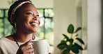 Black woman, coffee and window for thinking with view, insight or mindfulness with happy reflection. Smile, wonder or female person in house for break with drink, mindset or thoughtful for future
