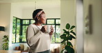 Black woman, coffee and smile with thinking for view, insight or mindfulness with happy reflection. Window, wonder or female person in house for break with drink, mindset or thoughtful for future