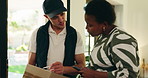 Woman, courier or delivery man with package for logistics, shipping and ecommerce by home front door. People, employee and customer with parcel, phone and supply chain with service and gratitude