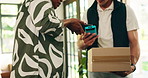 Customer, delivery and box with phone or pos machine for wireless payment or transaction at home. People, hands and courier guy with tap to purchase app by door for packag, ecommerce or online order