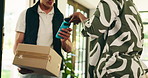 People, customer and delivery with box or pos machine for wireless payment or transaction at home. Hands, courier guy and tap to purchase by door with parcel or package for ecommerce or online order
