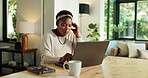 Worry, laptop and tired with black woman in home for insurance claim, security breach and fatigue. Liability policy, rejected application and pressure with person online for identity theft and stress