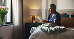 Home, bedroom and old woman with book for reading, knowledge and literature story in retirement. House, senior person and learning with novel of fiction, romance and hobby for female pensioner in bed