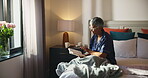 Home, glasses and old woman with book for reading, knowledge and literature story in retirement. House, senior person and learning with novel of fiction, eyewear and hobby for pensioner in bedroom
