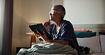 Home, bedroom and old woman with tablet for thinking, knowledge and online reading in retirement. House, senior person and thoughts with technology for ebook, social media and hobby for pensioner
