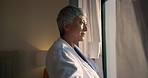 Coffee, window and mature woman in hotel with calm, peaceful or relaxing morning on vacation. Cappuccino, hospitality and female person in bedroom drinking latte in accommodation on weekend trip.