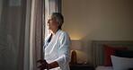 Curtains, morning and smile with old woman in hotel room for accommodation or hospitality. Retirement, wake up and window with happy senior person at lodge or resort for holiday, travel and vacation