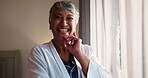 Face, bedroom and woman in morning, hotel and happy for vacation on weekend, laughing and confident. Relax, guest and mature person with pyjamas in motel, smile and calm on holiday or getaway in USA