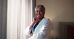 Window, woman and bedroom of hotel, face and happy on vacation in morning, peace and relax in motel.Confident, guest and mature person with smile on holiday, laughing and calm on getaway in USA