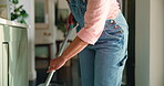 Home, spring cleaning and hands with mop, hygiene and prevention of bacteria in apartment and germs. House, disinfection and removal of dirt with equipment, sanitary and person with chores on weekend