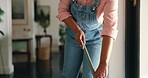 Apartment, spring cleaning and hands with mop, hygiene and prevention of bacteria in home and germs. House, disinfection and removal of dirt with equipment, sanitary and person with chores on weekend