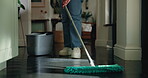 Legs, spring cleaning and hands with mop, hygiene and prevention of bacteria in apartment and germs. House, disinfection and removal of dirt with equipment, sanitary and person with chores on weekend