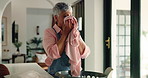 Mature woman, cleaning and smelling laundry with basket for housekeeping or chores at home. Female person, maid or cleaner with smile for fabric, clothing hygiene or garment disinfection at house