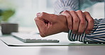 Business person, hands or injury with wrist pain for carpal tunnel syndrome at office desk. Closeup, employee or journalist with sore arm, ache or discomfort for muscle tension or strain at workplace