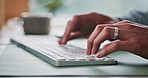 Hands, typing and businessperson in office for research on creative project for magazine. Keyboard, contact and copywriter with communication for article publishing on technology in workplace.