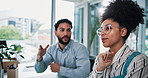 Meeting, business and man with woman in office for project, research and website review on computer. Professional, company and workers pointing in discussion for proposal ideas, report and teamwork