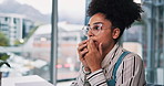 Biting nails, stress and thinking with business woman in office for crisis, fail or mistake. Concern, nerves and worry with African employee reading information on computer for feedback or review