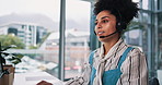 Business woman, consultant or headset with computer for customer service or communication at office. Female person, agent or virtual assistant with technology for online advice or help at workplace