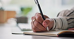 Writing, journal and hands of business woman in office for schedule, planning and reminder. To do list, information and notes with employee, diary and notebook for goal checklist or agenda idea