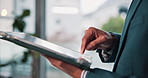 Office, typing and hands of businessman on tablet for financial report, online results and stock market news. Screen, corporate and person on digital tech for finance review, stocks update or website