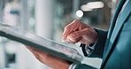 Typing, hands and business man on tablet for financial report, online results and stock market news. Professional, corporate and person on digital tech for finance review, stocks update and website