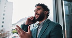 Businessman, conversation and window with phone call for negotiation or discussion at office. Man, employee or consultant talking with mobile smartphone for financial advice or chat at workplace