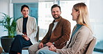 Accountability, counseling and group therapy with people in office together for advice, growth or healing. Meeting, support and workshop with woman speaking to therapist in session for psychology
