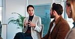 Woman, talking and group of people with therapist for counseling, help and recovery advice. Psychologist, explaining and discussion with community, support and awareness for healing of mental health