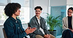 Man, talking and group of people at therapy for counseling, sharing story and addiction recovery. Male person, discussion and community, support and awareness for mental health at psychology session