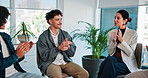 People, applause and support group with therapy in workplace for mental health, listen and smile at office. Business men, woman and happy in circle, empathy and celebration in counselling session