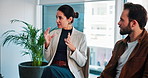 Woman, talk and support group with therapy in workplace for mental health, listen and advice at office. Business people, discussion and explain in circle, empathy and guide in counselling session