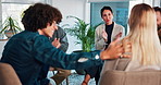 Applause, group counseling and business people in office with support circle for mental health. Clapping hands, trust and employees with corporate psychologist for therapy session in workplace.