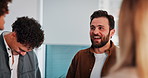 Smile, therapy and support with people in office for mental health, meeting and recovery. Counseling session, trust and happiness with group laughing in workshop for rehabilitation and psychology