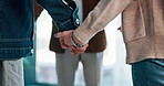 Holding hands, therapy and support with people in office for mental health, help and recovery. Counseling session, trust circle and healing with group in workshop for rehabilitation and psychology