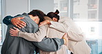 Support, business people and huddle in office, team building and meeting with cooperation. Employees, men and women in workplace, discussion and help with success, professional and growth with unity