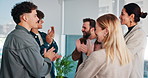 Psychologist, applause and group therapy in office for mental health, support or stress management. Clapping hands, hug and business people with therapist for team counseling session in workplace.