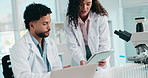 Research, science and people in lab, laptop and discussion for vaccine development. Medical, scientist and employees with teamwork, healthcare and pc with email and feedback for biotech experiment