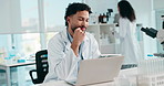 Thinking, scientist and man with tablet, lab and smile for results of research, tech and innovation. Clinic, medical professional and person with laptop for project, happy and healthcare on website