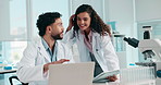 Scientist, man and woman by laptop, talk or problem solving for medical research project. People, team and computer with results, tablet and solution for vaccine development with pharma study at lab
