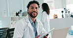 Face, man and scientist with tablet in laboratory, investigation and confidence for report research. Healthcare, male person and science expert in portrait with digital, biotechnology and medical