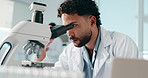 Research, science and man in lab, microscope and medical experiment with study for vaccine. Person, employee and scientist in workplace, equipment and biotech with test and analytics for dna sample