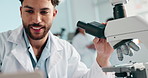 Research, science and man with laptop, microscope and dna analytics with study for vaccine. Person, employee and scientist in workplace, specialist and biotechnology with test, breakthrough and smile