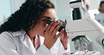 Research, science and woman in lab, microscope and medical experiment with study for cure. Person, expert and scientist in workplace, equipment and biotech with healthcare or analytics for dna sample