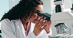 Woman, forensic scientist and microscope for research, medical study or discovery at laboratory. Happy, female person or science analyst with smile on laptop for microbiology, examination or analysis