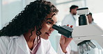 Research, medical and woman in lab, microscope and biology experiment with study for vaccine. Person, science and employee with equipment, healthcare and biotech with cure or analytics for bacteria