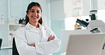 Happy woman, face or forensic scientist with laptop for medical research or study at laboratory. Portrait, female person or smile with arms crossed in confidence for microbiology, exam or development