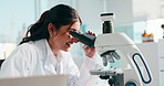 Research, science and woman with cure, microscope and medical test with study for vaccine. Person, employee and scientist in lab, equipment and biotech with breakthrough and analytics for dna sample