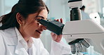 Smile, science and woman in lab, microscope and medical experiment with expert for vaccine. Person, research or scientist with breakthrough, equipment or biotech with cure or analytics for dna sample