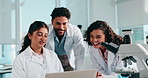 Scientist, people and excited with laptop, team and breakthrough for medical research project. Man, women and computer with results, report and happy for vaccine development with pharma study at lab